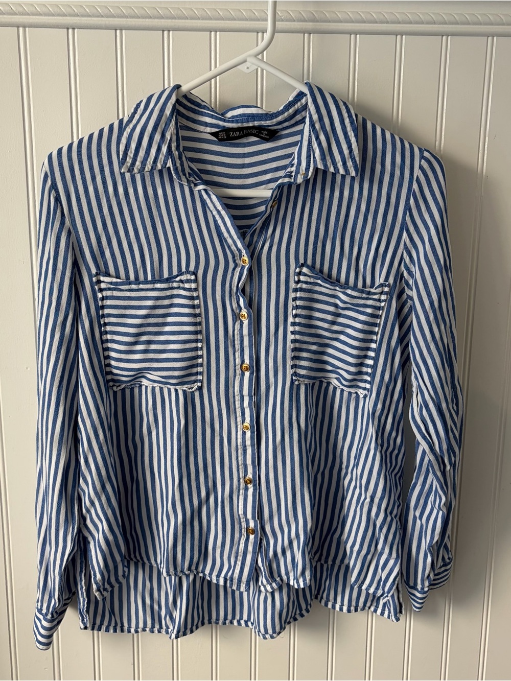 Zara Basics Button Up Top Shirt Blue White Stripe Gold Buttons Medium